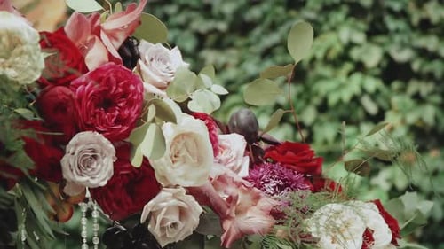 Closeup Red Arch and Wooden Chairs in the Park Slow Motion Shot