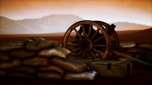 Animated Desert Outpost with Sandbags and Wooden Wheels