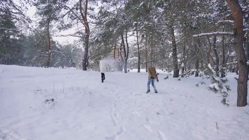 Woman and Man Have Snowball Fight in Forest