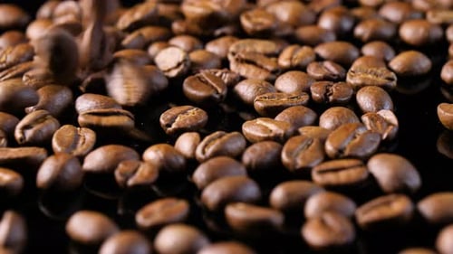 Geröstete Kaffeebohnen. Zeitlupe fallender Arabica-Kaffeesamen
.
