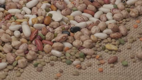 Variety of Uncooked Beans and Lentils on Burlap