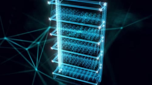 Animated Digital Wireframe Server Rack Data Storage