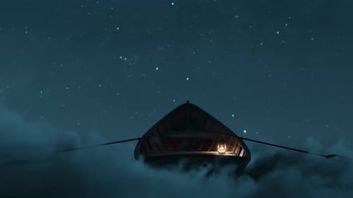 Rowboat with Lantern Drifts Through Starry Night Clouds