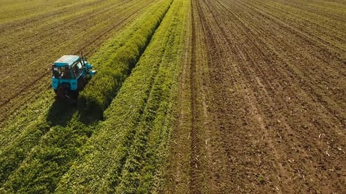 Un tracteur sur le terrain tond le gazon
