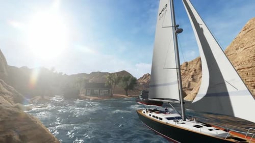 3D Animated Boats Sailing in a Scenic Water Canyon