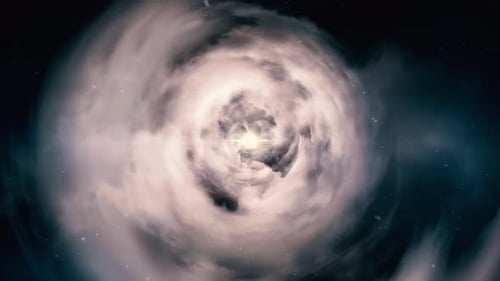 Flying through a tunnel of the night sky, stars and clouds