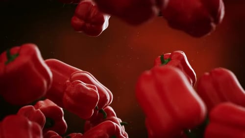 Animated Red Bell Peppers Floating in Slow Motion