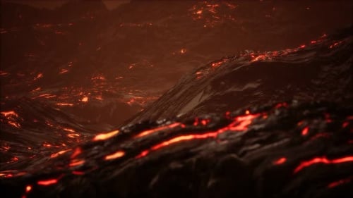 Rot-orange lebendige geschmolzene Lava fließt auf graues Lavafeld und glänzendes felsiges Land