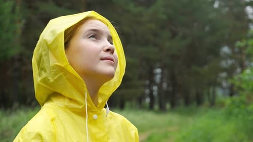 Happy Girl in Yellow Raincoat Looks Up on Rainy Day in Forest