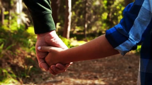 Father holding sons hand in the park