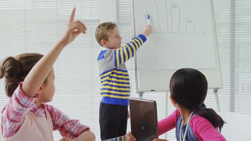 Boy Explaining Graph to Two Girls at Table