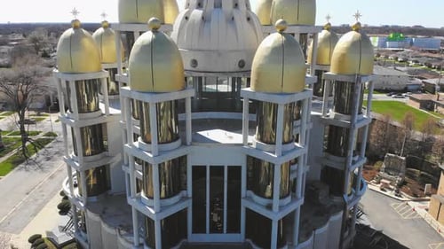 Flight Over the Ukrainian Church in Chicago, Illinois. Church with Golden Domes on a Sunny Day, for