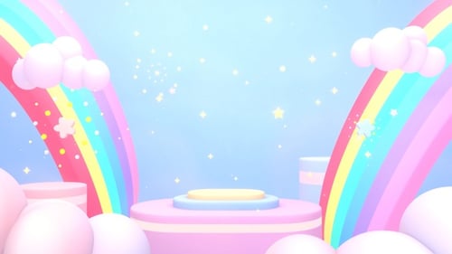 Sweet Candy-Colored Podium Scene with Rainbows and Sparkles