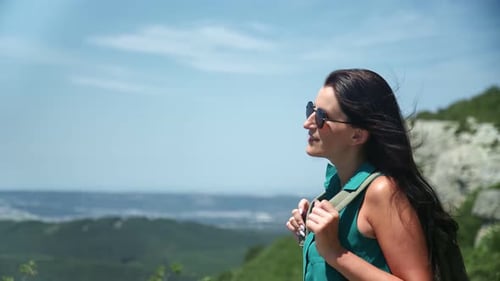 Female Enjoying Panorama View Scenery From Top of Mountain