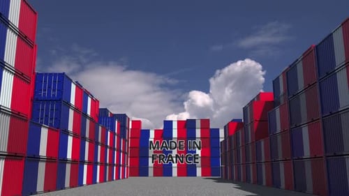 Made in France Text Reveal on Shipping Containers French Flag