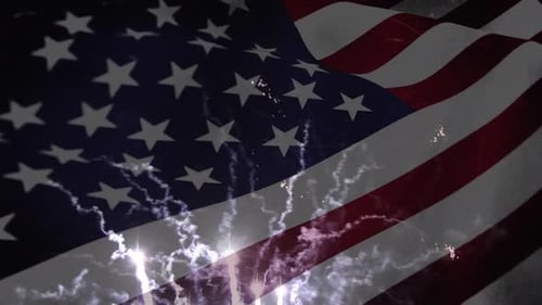 Patriotic American Flag Waving with Fireworks Display Background Loop