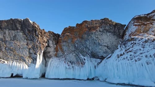 Ice and Icicles on Rocks on Lake Baikal