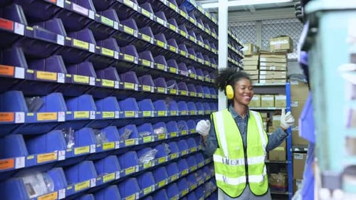 Employé d'entrepôt comptant les petites pièces stockées dans le compartiment de rangement bleu.