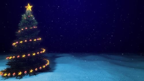 Festive Christmas Tree in Snowy Night with Twinkling Lights