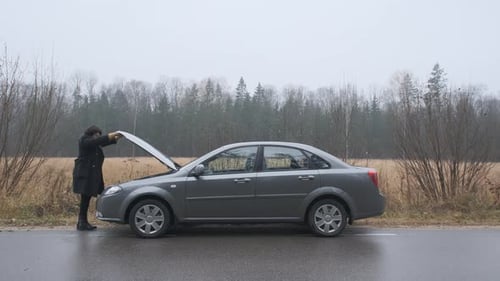 Woman Raise Hood Of Car For Control