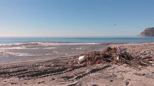 Polluted beach with tree debris and plastic garbage after powerful storm in Alanya City, Turkey.
