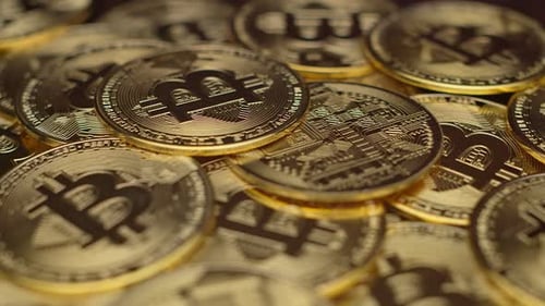 Golden Bitcoin Cryptocurrency Coins Close Up
