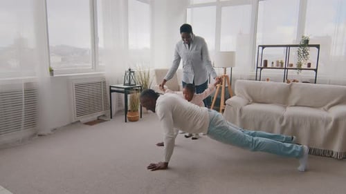 Afro American Strong Sporty Man Father Dad Push Up From Floor Doing Physical Exercise Sport Workout
