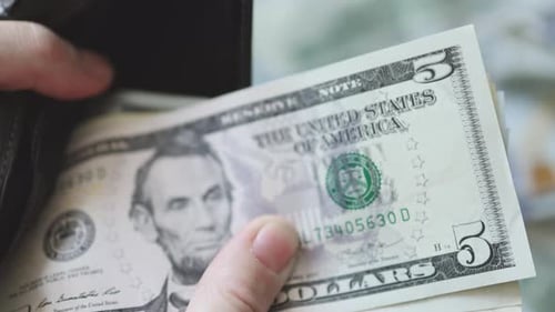 Hand Holding United States Five Dollar Bills