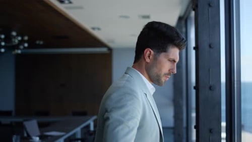 Ceo Man Thinking Ocean Window View Closeup