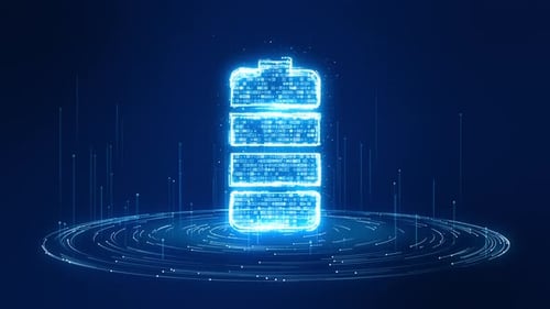 Blue particle battery logo with digital futuristic technology circle rotation on abstract backgroun