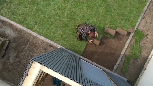 Man Lays Sod in Backyard From Aerial View