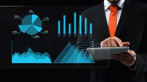 Businessman Uses Holographic Interface, Working with a Tablet, Turn-on Touchscreen and Appears