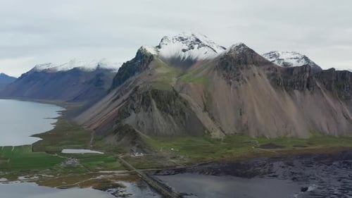 Drone Flight Of Vestrahorn Mountain With Snowy Peak