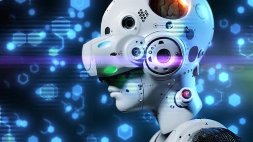 VR helmet. Portrait of a robot wearing a VR helmet