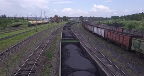 Coal Transportation by Railroad Cars, Aerial View.