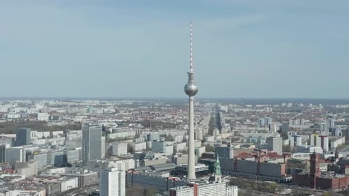 AERIAL: Wide View of Empty Berlin, Germany Alexanderplatz TV Tower with Almost No People or Cars on