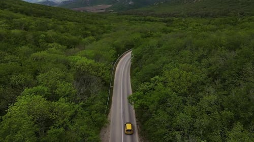 A Car Drives Down a Paved Road in a Mountainous Area That Cuts Through a Forest