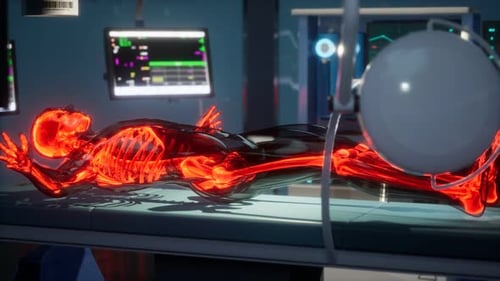3D Futuristic Human Anatomy Scan with Glowing Skeleton and Circulatory System