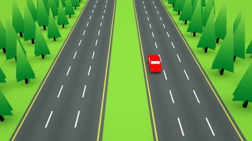High angle view following a lone red car as it travels down an empty highway.