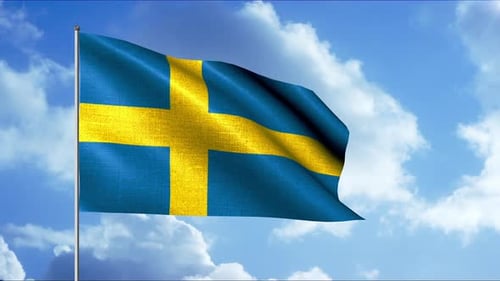 Sweden Flag Waving in Blue Sky with Clouds