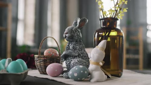 Easter Table with Bunny, Eggs, and Flowers