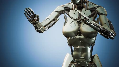 Futuristic Metallic Robot Android Figure Slowly Zooms Out