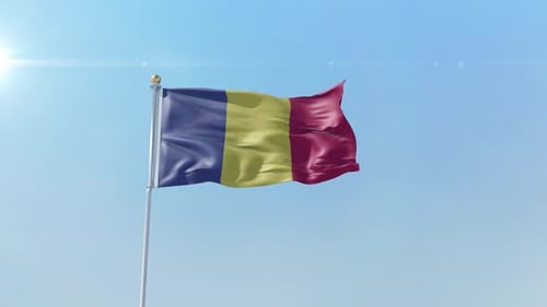 Realistic Romania Flag Waving Loop Against Clear Blue Sky