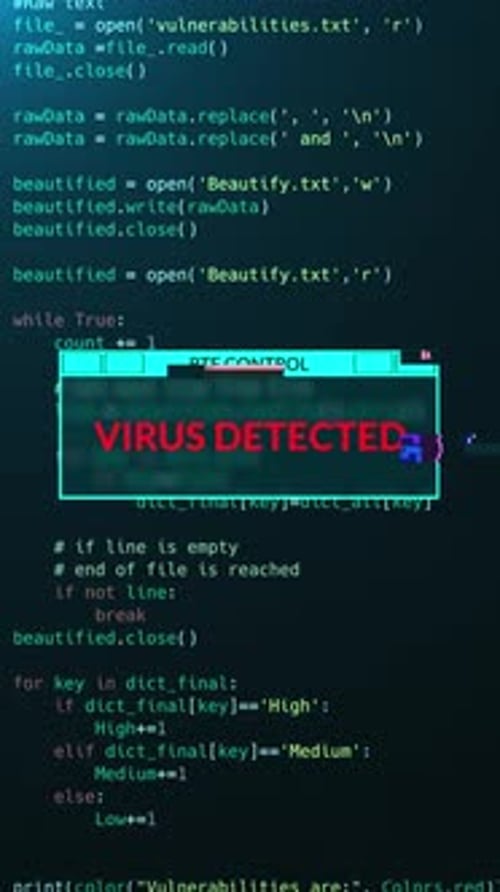 Virus Detected notification message over computer hacking program