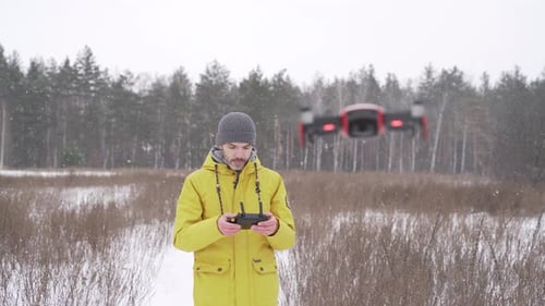 Close-up of a quadcopter hovering in the air