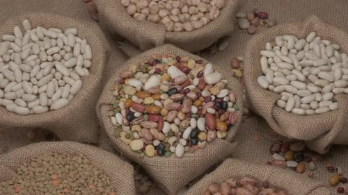 Assorted Beans and Legumes in Burlap Sacks
