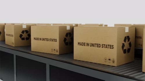 Cardboard Boxes Moving on Conveyor Belt with Recycling Symbol