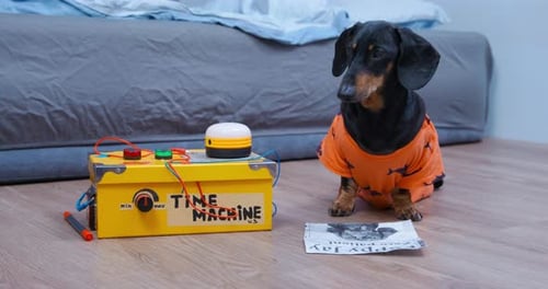 Dachshund Dog with Funny Time Machine Prop