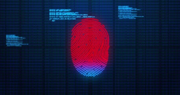 Animation of digital biometric fingerprint computer interface icon and ...