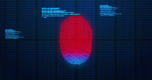 Animation of digital biometric fingerprint computer interface icon and data processing